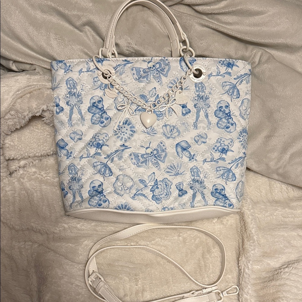 Betsey Johnson Blue and White Tote with Heart Charm